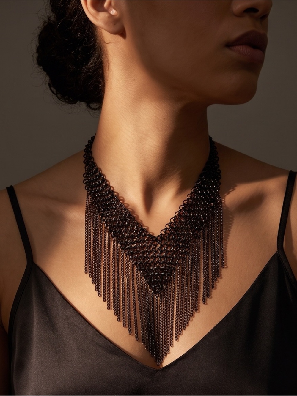 Gunmetal Black Chain Fringe Statement Mesh, Bib, Collar NWOT